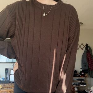 Vintage Ribbed Sweater - Rich Brown Oversized Knit Minimalist Sweater XL